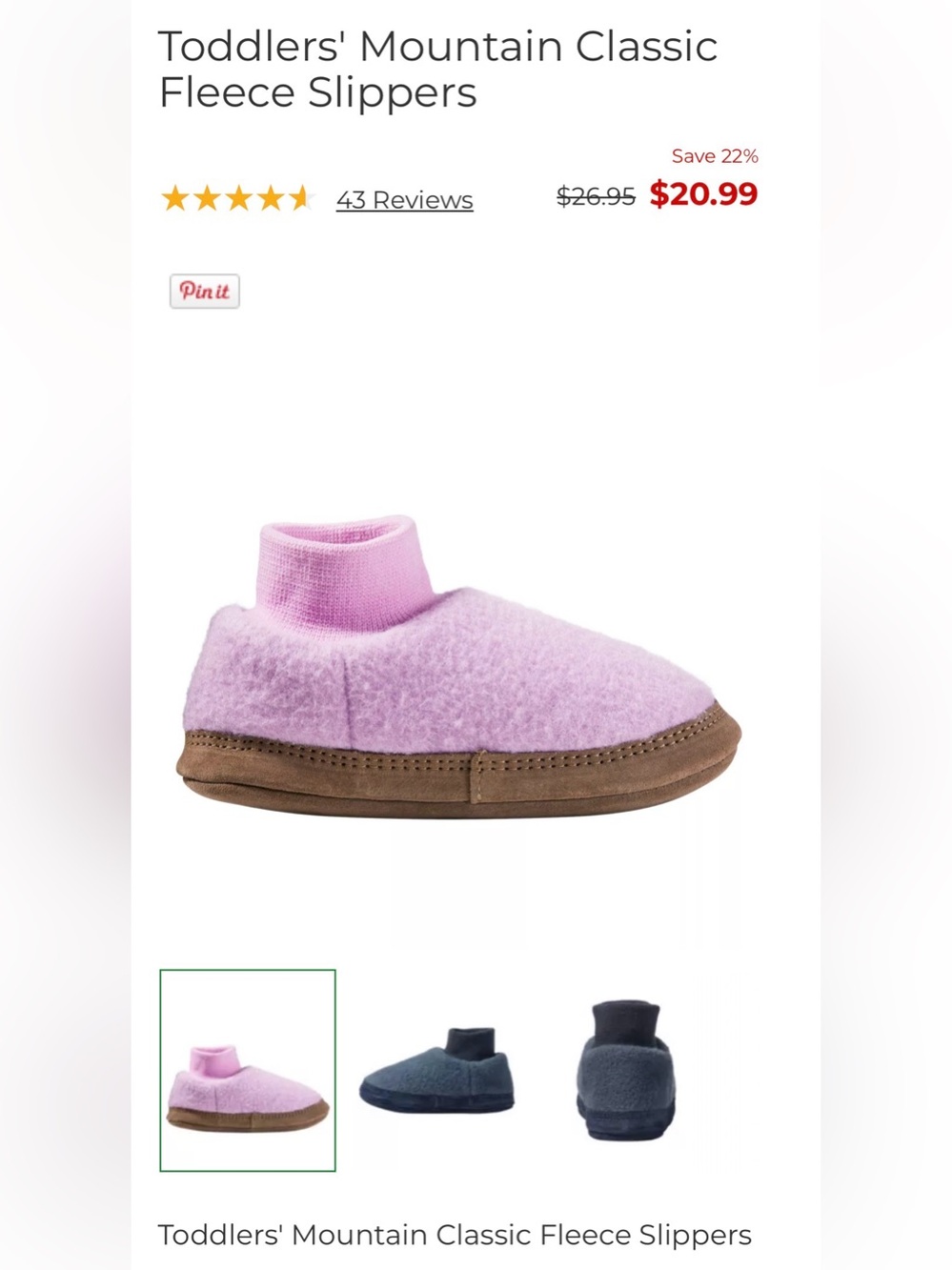 L. L. Bean Toddlers' Mountain Classic Fleece Slippers Purple Lilac Sz 3-4